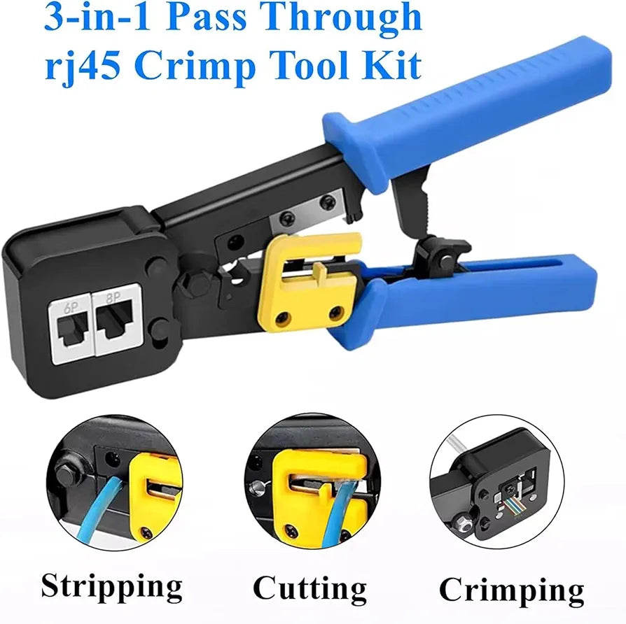 Professional RJ45 Crimping Tool Kit for Cat6/Cat5e/Cat5 Network Cables - Includes Pass-Through Connectors, Covers, and Wire Stripper; Network Cable Tester