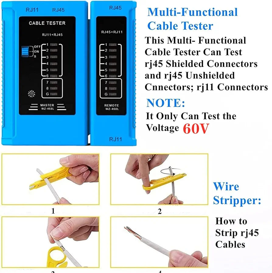 Professional RJ45 Crimping Tool Kit for Cat6/Cat5e/Cat5 Network Cables - Includes Pass-Through Connectors, Covers, and Wire Stripper; Network Cable Tester
