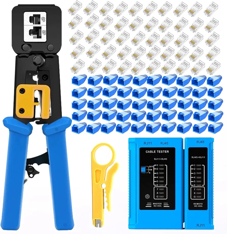 Professional RJ45 Crimping Tool Kit for Cat6/Cat5e/Cat5 Network Cables - Includes Pass-Through Connectors, Covers, and Wire Stripper; Network Cable Tester